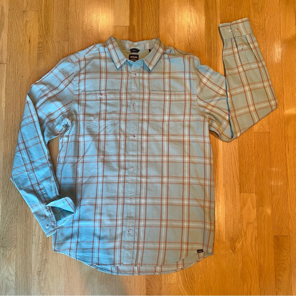 Prana Men's lightweight Blue and Rust  Plaid Shirt